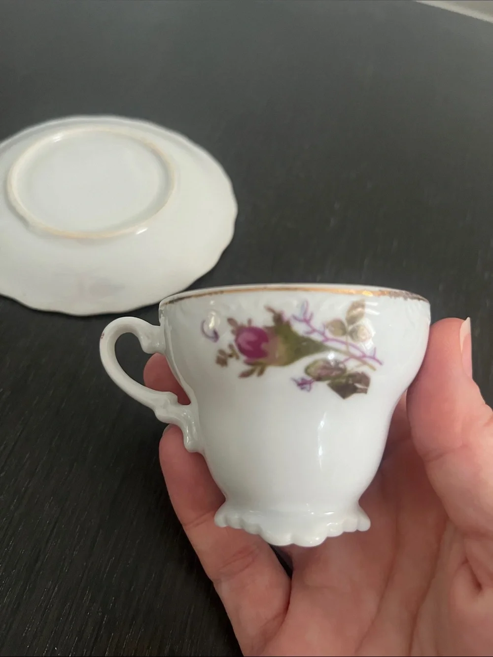 Vintage Floral Porcelain Teacup and Saucer - White with Pink Rose Accents